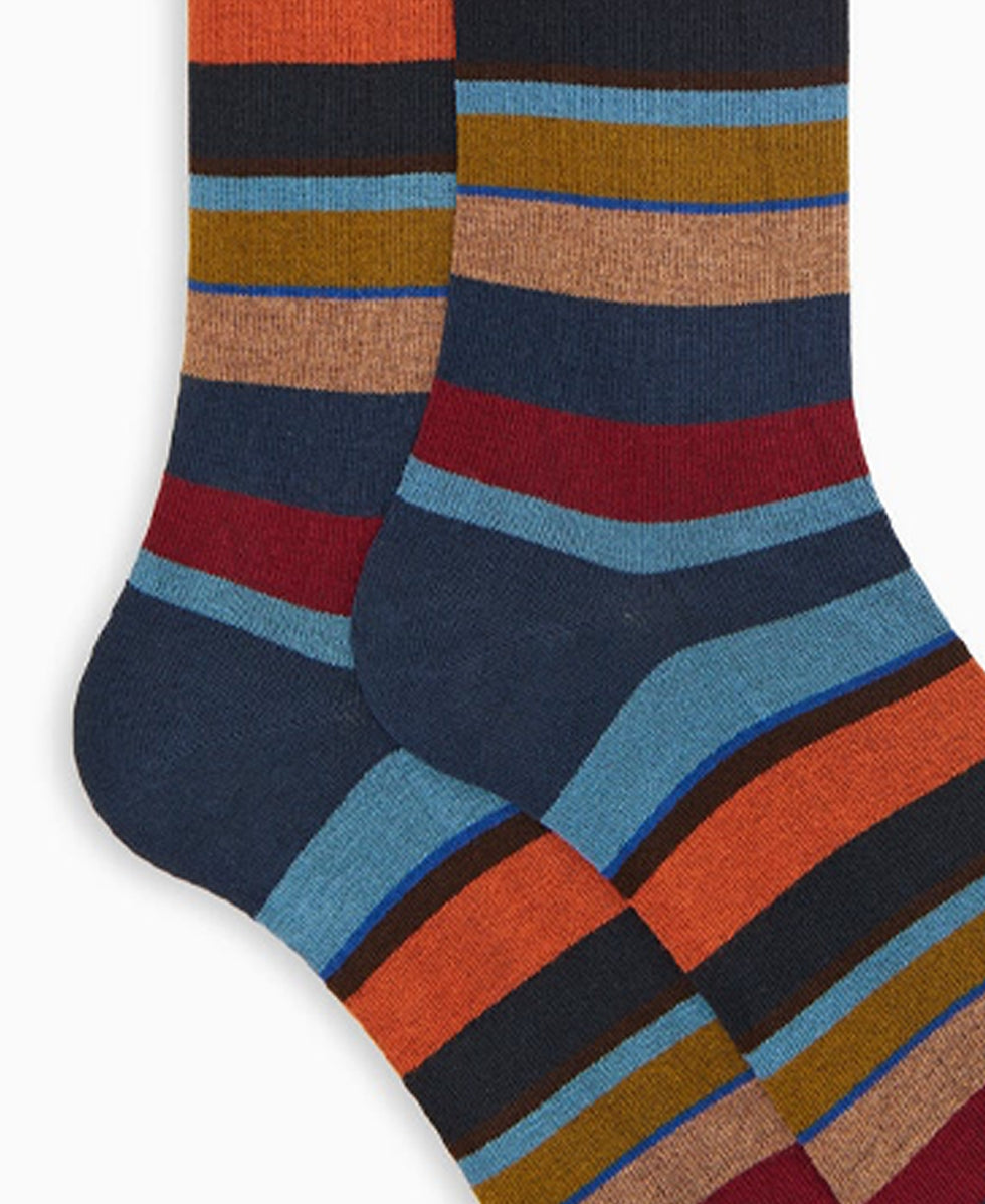 Calze lunghe in cotone caldo blu a righe multicolor