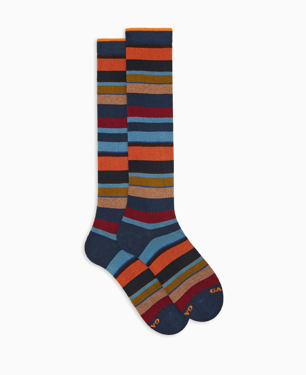 Calze lunghe in cotone caldo blu a righe multicolor