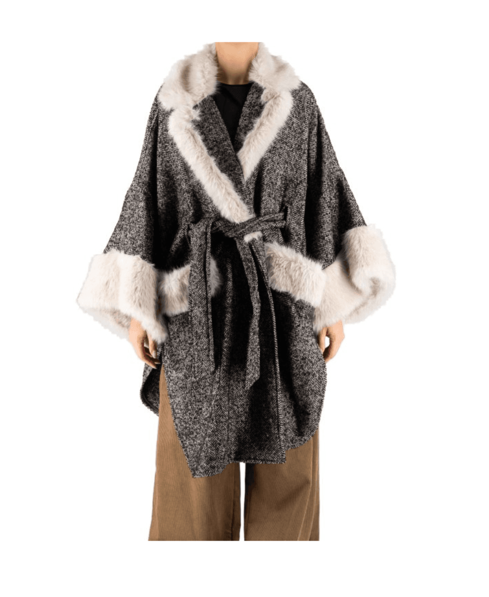 CAPPA HARRINGBONE TWEED AND ECO FUR CAPE FRONT STREET